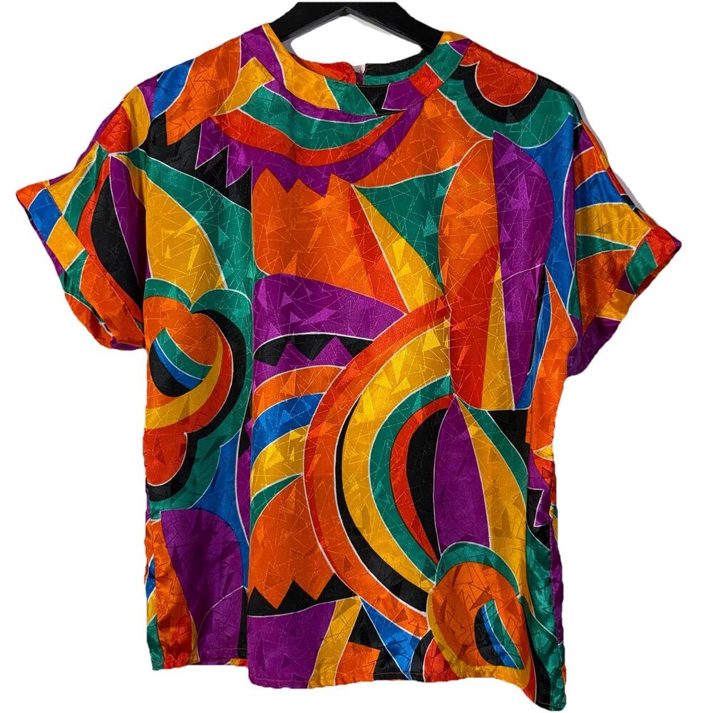 Vintage 1980s Colorful Abstract Geometric Print Short Sleeve Top Shirt Silky 10P